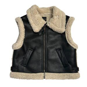 Love Tree Women’s L Faux Leather Sherpa Vest Black Cream Shearling Moto Winter